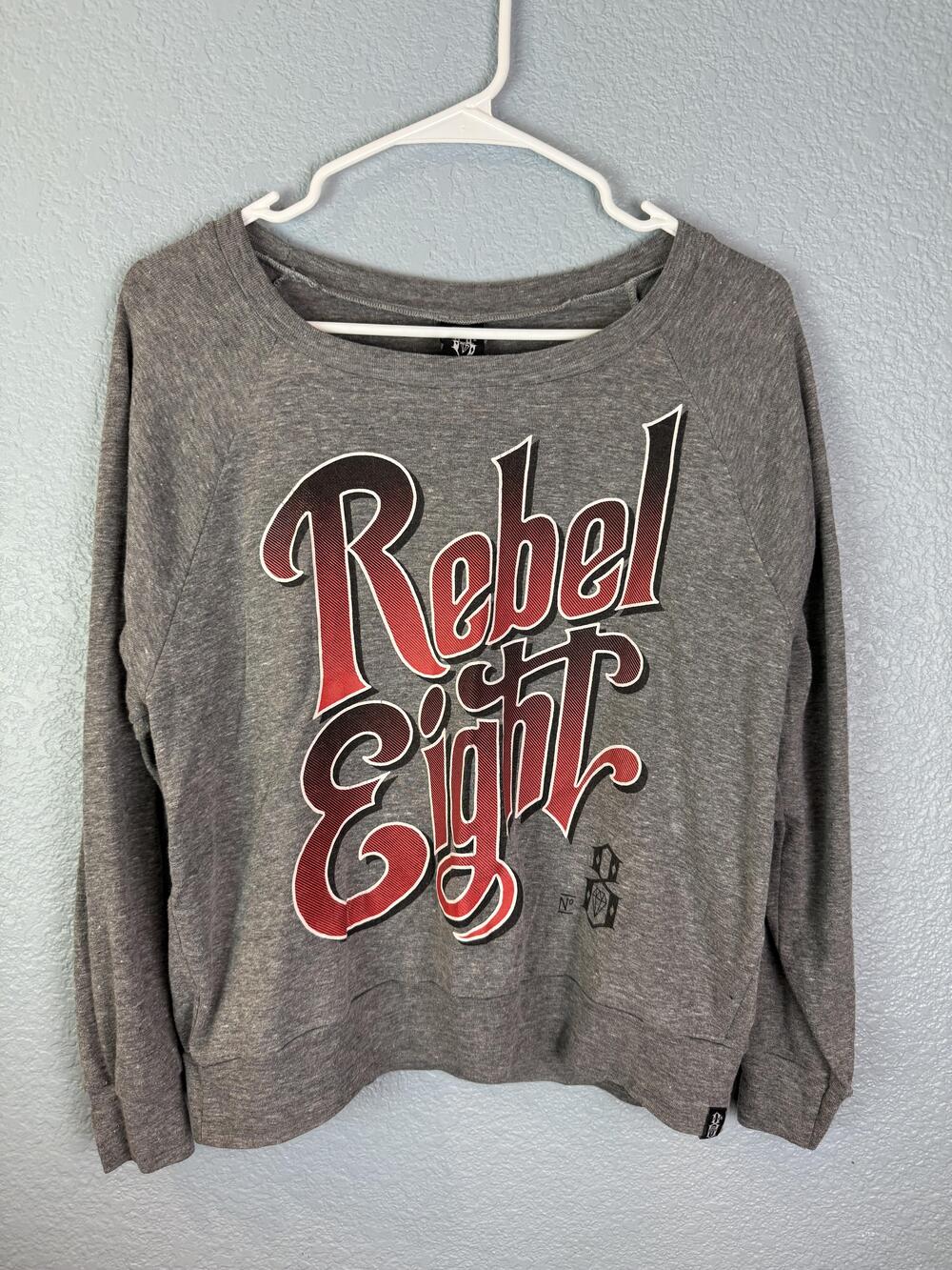 Rebel Eight Sweater Womens Large Gray Graphic Pullover Crewneck Skate Streetwear